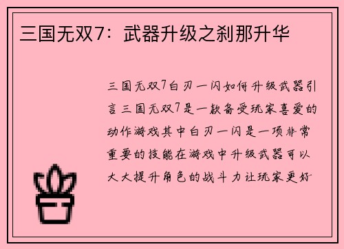 三国无双7：武器升级之刹那升华